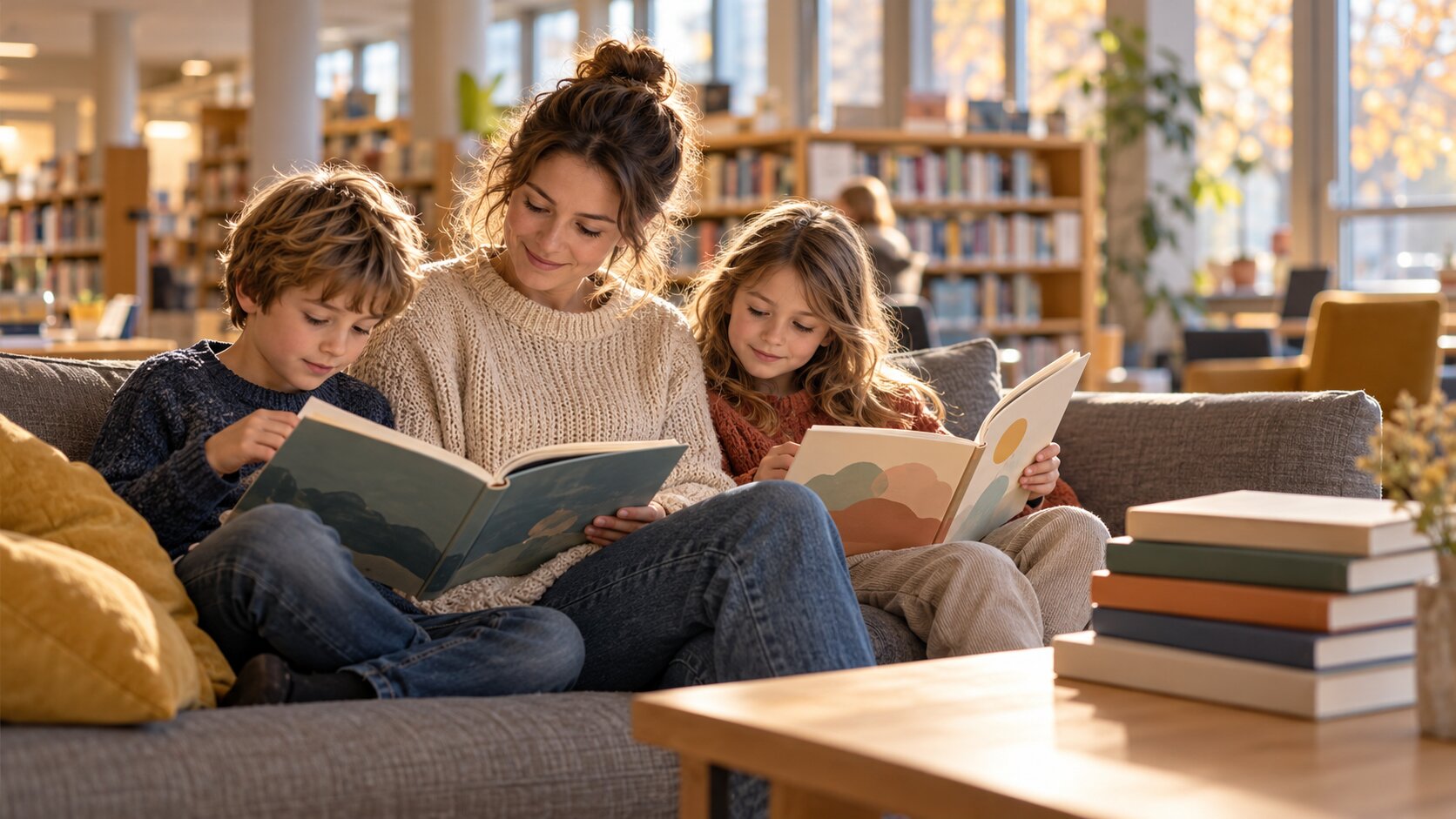 Eine Mutter sitzt mit zwei Kindern im Grundschulalter auf einem Sofa in einer hellen Stadtbücherei, alle blättern in aufgeschlagenen Büchern, daneben ein Stapel Bücher mit leeren, schlichten Einbänden (mit KI erzeugt)