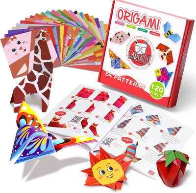 Alle Details zum Kinderbuch Gamenote Buntes Origami Papier mit 55-seitigem origami buch 120 doppelseitigen, lebendigen Origami Papieren 54 bastelset kinder Origami DIY Kunst bastelpapier 4-12 Jahre alt und ähnlichen Büchern