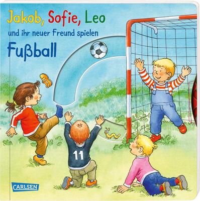 Jakob, Sofie, Leo und ihr neuer Freund spielen Fußball: Pappbilderbuch mit Drehscheibe und Klappen ab 2 Jahren bei Amazon bestellen