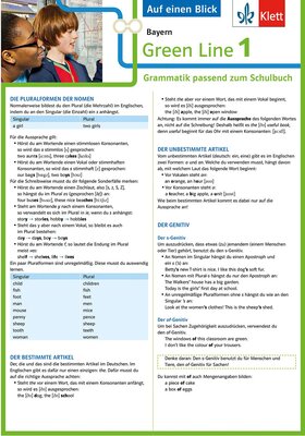 Alle Details zum Kinderbuch Klett Green Line 1 Bayern Klasse 5 - Auf einen Blick: Grammatik passend zum Schulbuch: Grammatik passend zum Schulbuch - Klappkarte (6 Seiten) und ähnlichen Büchern