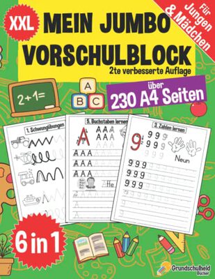 Alle Details zum Kinderbuch Mein Jumbo Vorschulblock: Spielend einfach Zahlen und Buchstaben lernen plus Schwungübungen - A4 Vorschule Übungshefte ab 5 Jahre für Junge und ... - auch für Kindergarten und Schule, Band 1) und ähnlichen Büchern