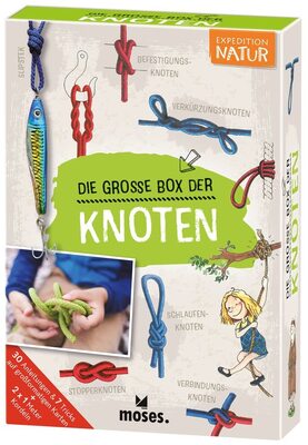 Alle Details zum Kinderbuch moses. Expedition Natur: Die Große Box der Knoten, Knoten lernen für Kinder, 30 Knotenübungen für kleine Pfadfinder ab 6 Jahren, 2 x 1 Meter Kordeln inklusive und ähnlichen Büchern