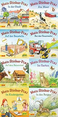 Pixi-8er-Set 199: Meine Sticker-Pixis (8x1 Exemplar) (199): In der Stadt; Am Meer; Auf der Baustelle; Bei der Feuerwehr; Auf dem Bauernhof; Im Garten; Im Kindergarten; In den Bergen bei Amazon bestellen