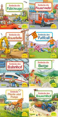 Alle Details zum Kinderbuch Pixi-8er-Set 240: Entdecke deine Welt 3 (8x1 Exemplar) (240): Entdecke die Fahrzeuge: Entdecke die Feuerwehr; Entdecke die Baustelle; Entdecke den ... Pferde und Ponys; Entdecke den Bauernhof und ähnlichen Büchern