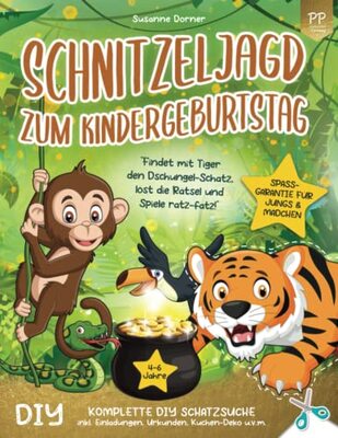 Alle Details zum Kinderbuch Schnitzeljagd Kindergeburtstag: 4 bis 6 Jahre | Findet mit Tiger den Dschungel-Schatz, löst die Rätsel und Spiele ratz-fatz! Komplette DIY Schatzsuche inkl. Einladungen, Urkunden, Kuchen-Deko u.v.m. und ähnlichen Büchern
