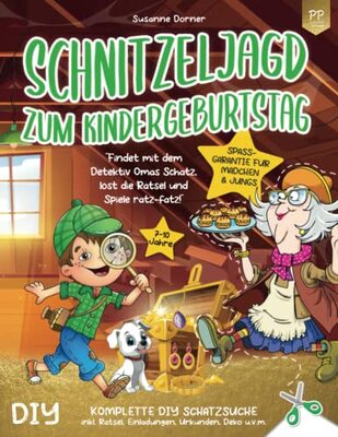 Alle Details zum Kinderbuch Schnitzeljagd Kindergeburtstag: 7 bis 10 Jahre | Findet mit dem Detektiv Omas Schatz, löst die Rätsel und Spiele ratz-fatz! Komplette DIY Schatzsuche inkl. Einladungen, Urkunden, Deko u.v.m. und ähnlichen Büchern