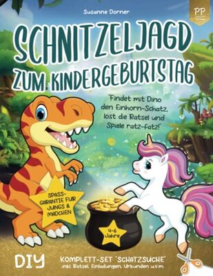Alle Details zum Kinderbuch Schnitzeljagd zum Kindergeburtstag: 4 bis 6 Jahre | Findet mit Dino den Einhorn-Schatz, löst die Rätsel und Spiele ratz-fatz! DIY Komplett-Set Schatzsuche inkl. Rätsel, Einladungen, Urkunden u.v.m. und ähnlichen Büchern