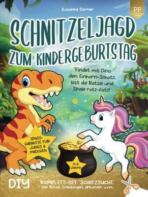 Alle Details zum Kinderbuch Schnitzeljagd zum Kindergeburtstag: 4 bis 6 Jahre | Findet mit Dino den Einhorn-Schatz, löst die Rätsel und Spiele ratz-fatz! DIY Komplett-Set ... u.v.m. (Partyspiele - Schnitzeljagd Serie) und ähnlichen Büchern