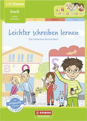 Alle Details zum Kinderbuch Schreibmotorik Übungsheft für Kinder in der 1./2. Klasse - STABILO Leichter schreiben lernen - Druck (Die 4 Entdecker-Freunde) und ähnlichen Büchern