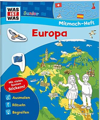 Alle Details zum Kinderbuch WAS IST WAS Junior Mitmach-Heft. Europa.: Spiele, Rätsel, Sticker und ähnlichen Büchern